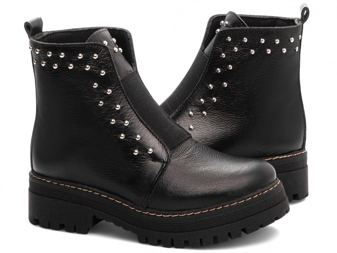 BOTA PRETA ANTONELLA COM ELASTICO E APLIQUES PRATA- COURO LEGITIMO
