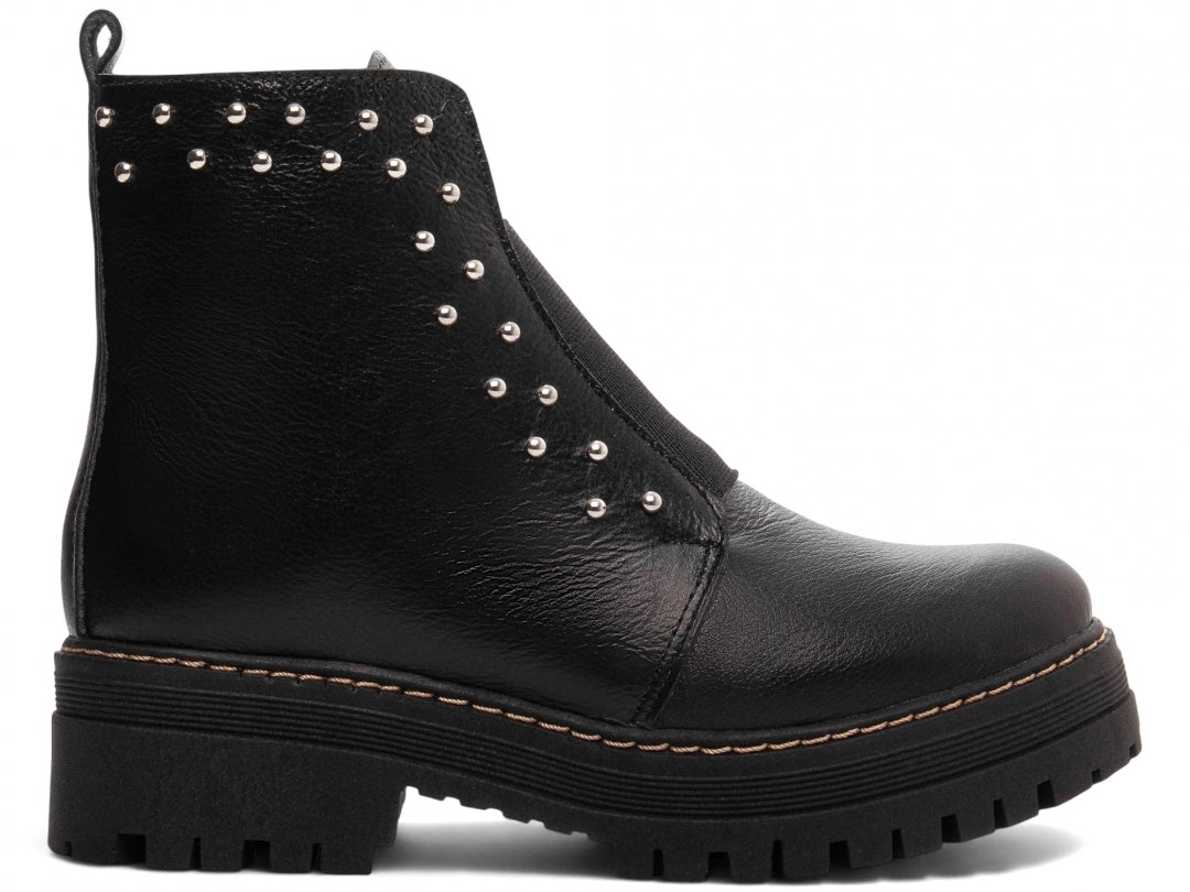 BOTA PRETA ANTONELLA COM ELASTICO E APLIQUES PRATA- COURO LEGITIMO