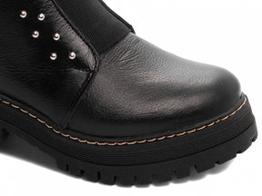 BOTA PRETA ANTONELLA COM ELASTICO E APLIQUES PRATA- COURO LEGITIMO